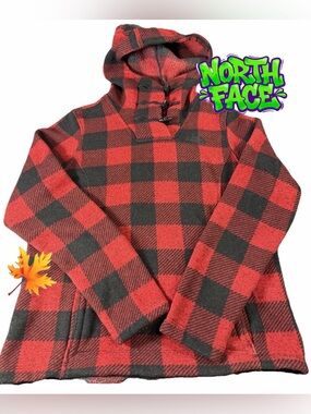 The North Face Womens M Fleece Buffalo Plaid Hoodie Red Black Toggle Closure Top